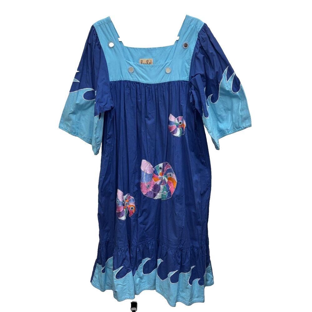 Ramona Rull Blue Cotton Patio Dress Embroidered Pocket Snails L Vintage Waves